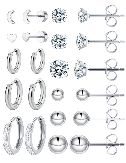 11 Pairs Surgical Steel Earrings Sets for Multiple Piercing Lightweight Small Huggie Hoop Earrings CZ Stud Earrings for Women Cartilage Trendy Hypoallergenic Free Combination（Silver)